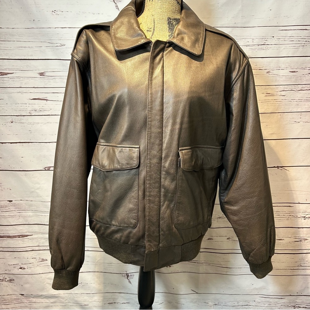 VTG the orvis company fly fishing school brown leather bomber jacket